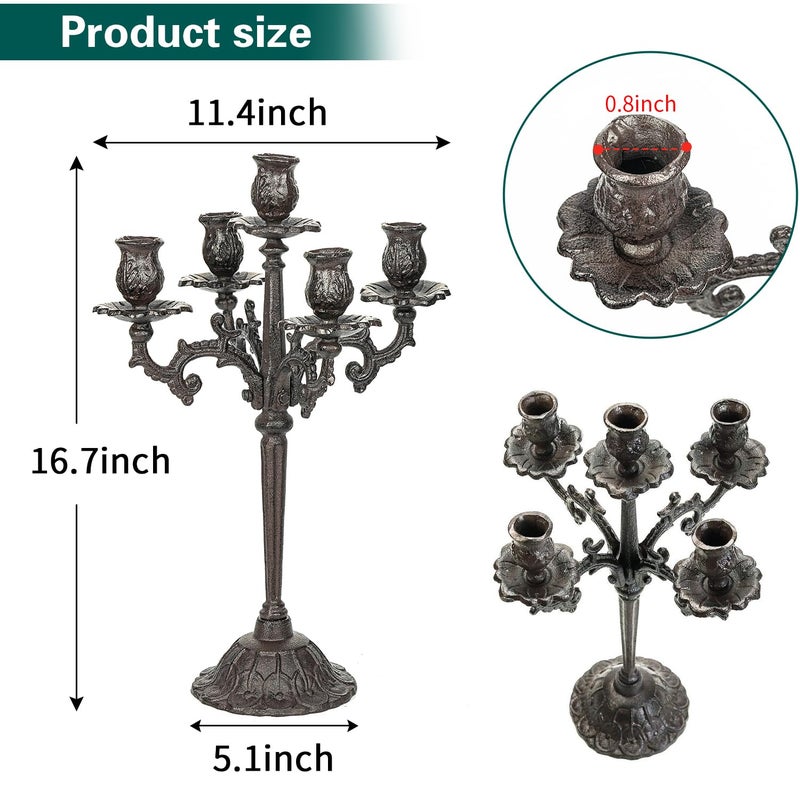 Sungmor Heavy Duty Cast Iron Candlestick Holders - Handcrafted Vintage Candelabra - 17Inch Tall & 5 Arms Candle Holders - Decorative Pillar Candle Stand for Christmas Birthday Wedding Home Party - Image 5